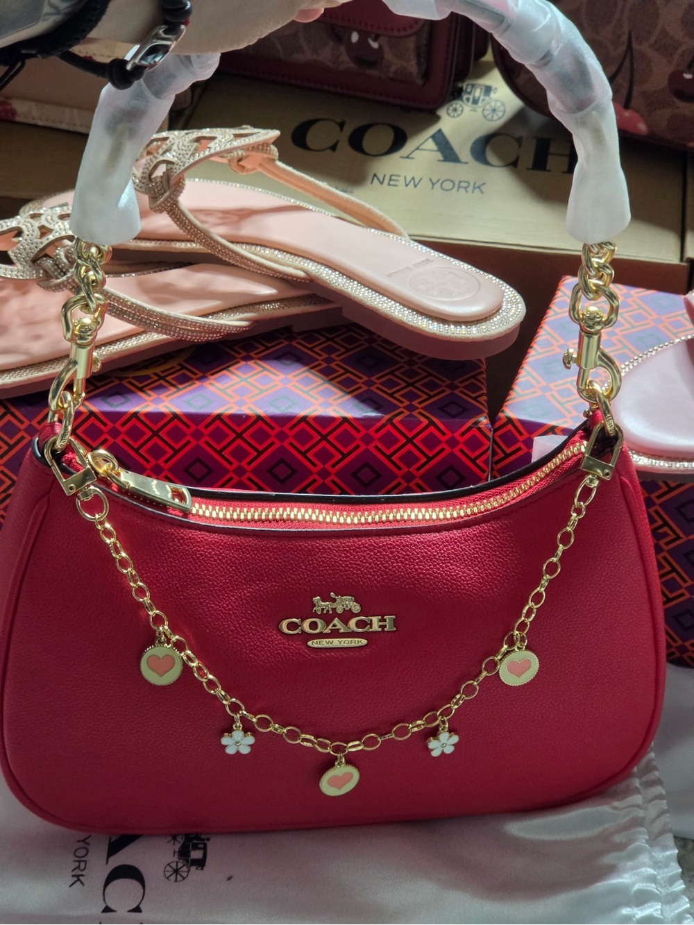 COACH Pink-Red Leather Shoulder Bag with Gold Charm Chain